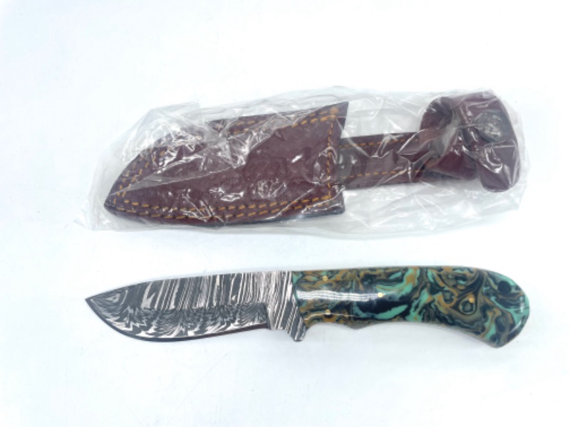 Photo 2 of SZCO Supplies 8"" Damascus Steel Camo Firestorm Hunting Knife with Sheath, Teal/tan (DM-1251CM)