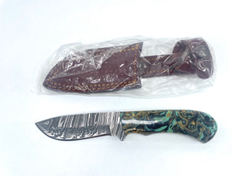 Photo 1 of SZCO Supplies 8"" Damascus Steel Camo Firestorm Hunting Knife with Sheath, Teal/tan (DM-1251CM)