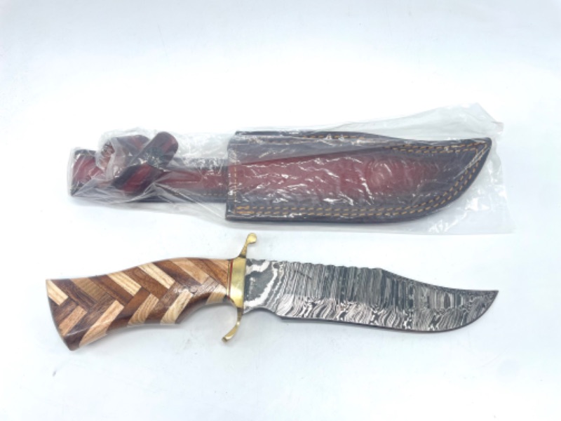 Photo 2 of SZCO Supplies Damascus Steel Braided Sawback Olivewood Hunting Knife, Brown, 12 inches