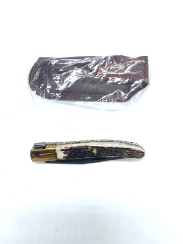 Photo 1 of SZCO Supplies Damascus Steel Stag Handle Folding Knife