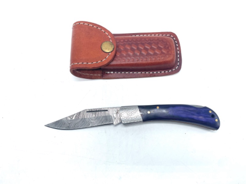 Photo 2 of SZCO Supplies 8” Handmade Blue Wood Handle Damascus Steel Lock Back Folding Pocket Knife With Leather Sheath