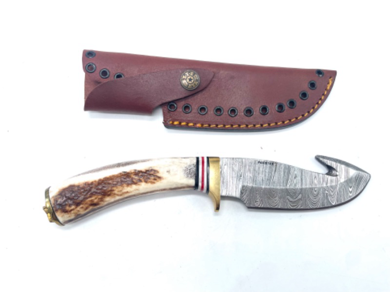 Photo 2 of Damascus Szco Supplies 9.5"" Steel Gut Hook Skinning Knife with Sheath, Multi, one Size (DM-1008)