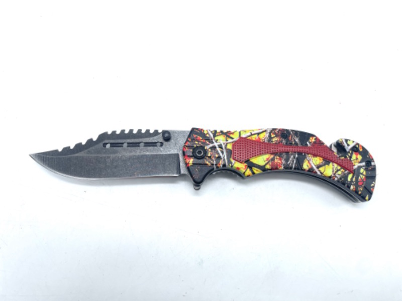 Photo 2 of Red Yellow Camo Leaf Pocket Knife With Seatbelt Cutter And Window Breaker New