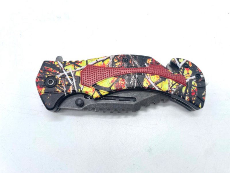 Photo 1 of Red Yellow Camo Leaf Pocket Knife With Seatbelt Cutter And Window Breaker New