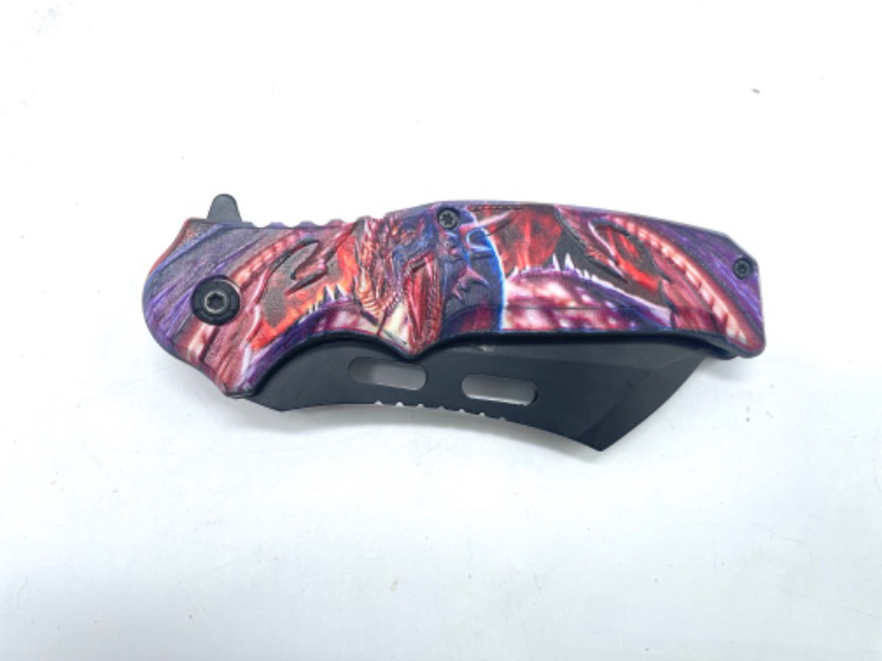 Photo 1 of Purple And Red Open Wing Dragon Pocket Knife With Hatchet Style Blade With Clip New