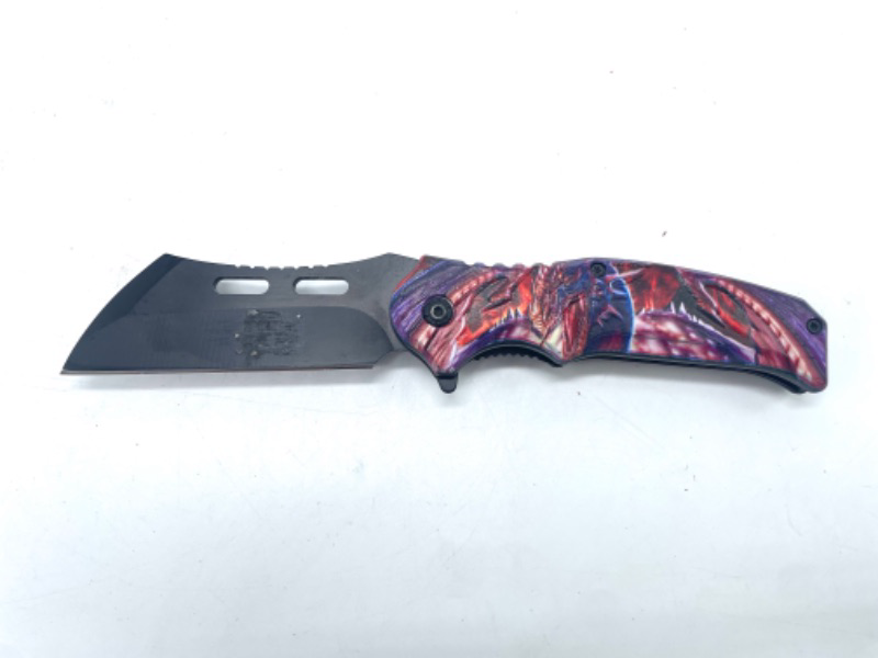 Photo 2 of Purple And Red Open Wing Dragon Pocket Knife With Hatchet Style Blade With Clip New