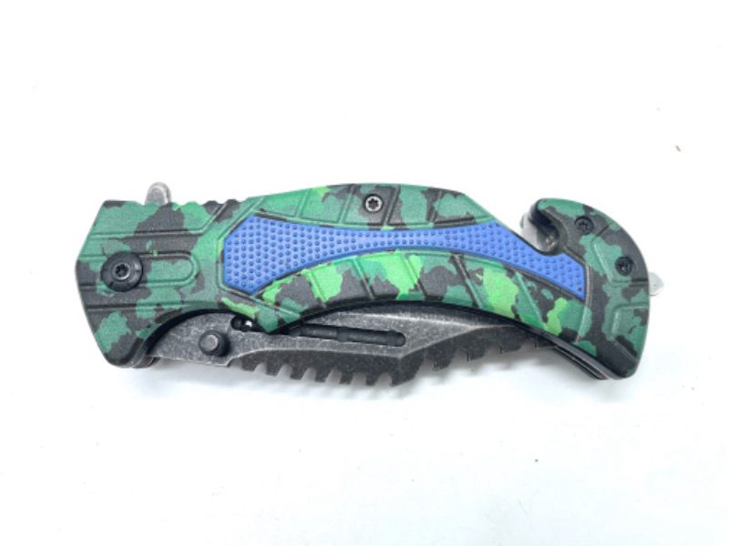 Photo 1 of Green And Blue Camo Folding Pocket Knife With Seatbelt Cutter And Window Breaker