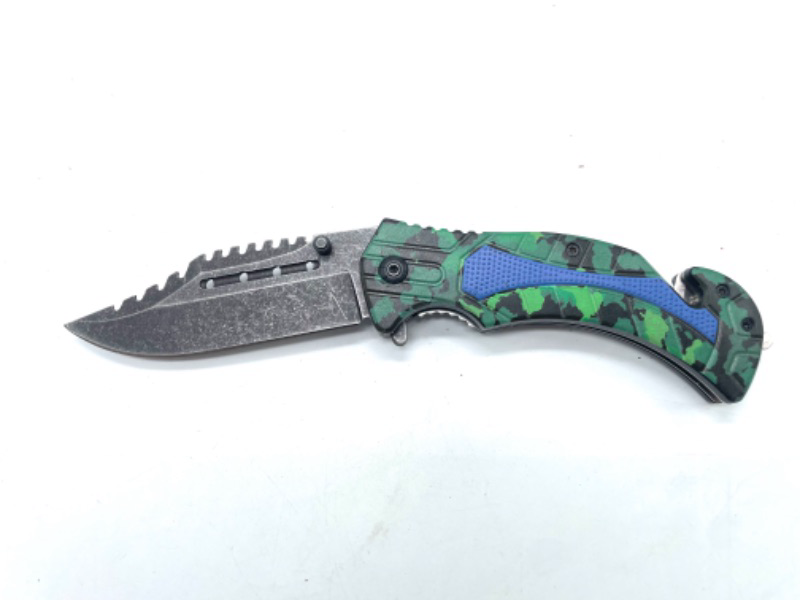 Photo 2 of Green And Blue Camo Folding Pocket Knife With Seatbelt Cutter And Window Breaker