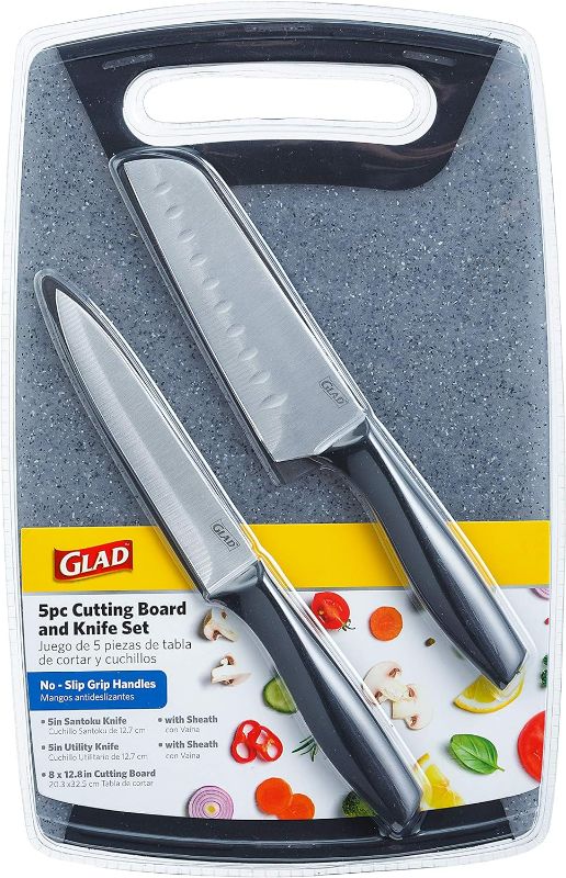 Photo 1 of Glad Knife Set with Cutting Board, 5 Pieces | Sharp Santoku and Utility Knives with Blade Covers and Plastic Chopping Block | Kitchen Cooking Accessories,Gray
