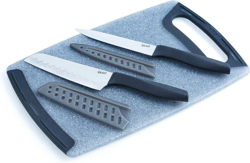 Photo 2 of Glad Knife Set with Cutting Board, 5 Pieces | Sharp Santoku and Utility Knives with Blade Covers and Plastic Chopping Block | Kitchen Cooking Accessories,Gray
