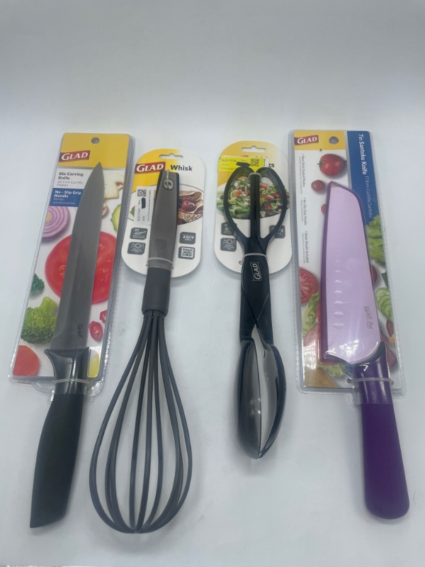 Photo 1 of Glad 7 inch Santoku Knife , 8 inch carving knife ,salad tongs & Glad Whisk