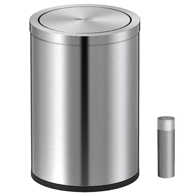 Photo 1 of Mbillion Small Trash Can with Swing Lid 2.4 Gallons/9 Liter, Mini Trash Can with lid, Stainless Steel Cylindrical Garbage Can for Home and Office, for Ground and Desktop(Brushed Silver)
