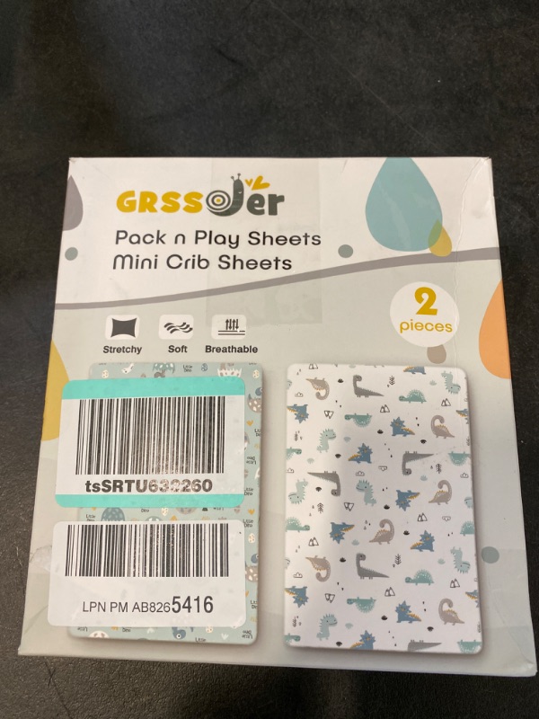 Photo 3 of GRSSDER Stretchy Ultra Soft Jersey Knit Fitted Pack n Play Sheets Set 2 Pack, Portable/Mini Cribs Sheets, Happy Dinosaurs for Girls and Boys
