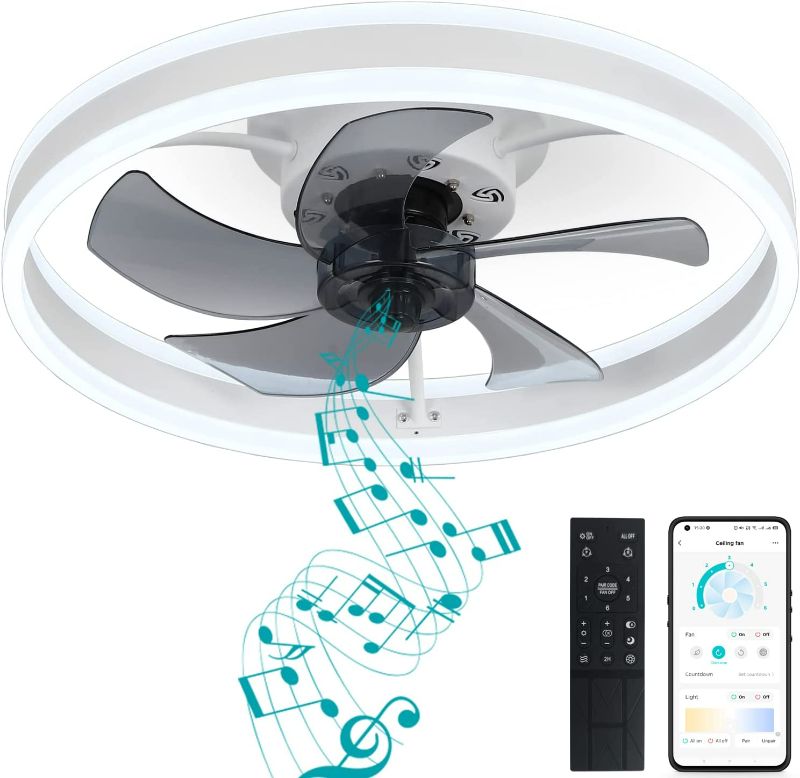 Photo 1 of DewShrimp Flush Mount Ceiling Fan with Lights Bladeless Ceiling Fan with Bluetooth Speaker App and Remote Control Quiet Low Profile Ceiling Fan LED Stepless Dimming 3 Colors 6 Speeds Reversible 19.8
