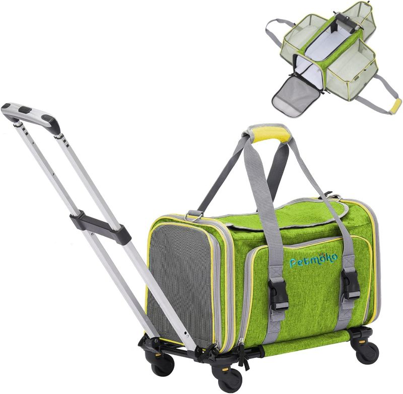 Photo 1 of Petmoko Pet Rolling Carrier, Airline Approved Dog Carrier with Wheels,3 Sides Expandable, Spacious Opening at The top, Safety Zipper, Wheels can be rotated 360 °(Green)
