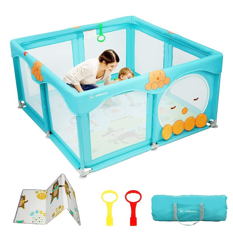 Photo 1 of Addweet Baby Playpen for Babies and Toddlers, Cartoon Large Play Yard for Baby with Mat, Safety Playpen for Baby, Baby Play Area Indoor & Outdoor, Octopus, 50”×50” (Blue)
