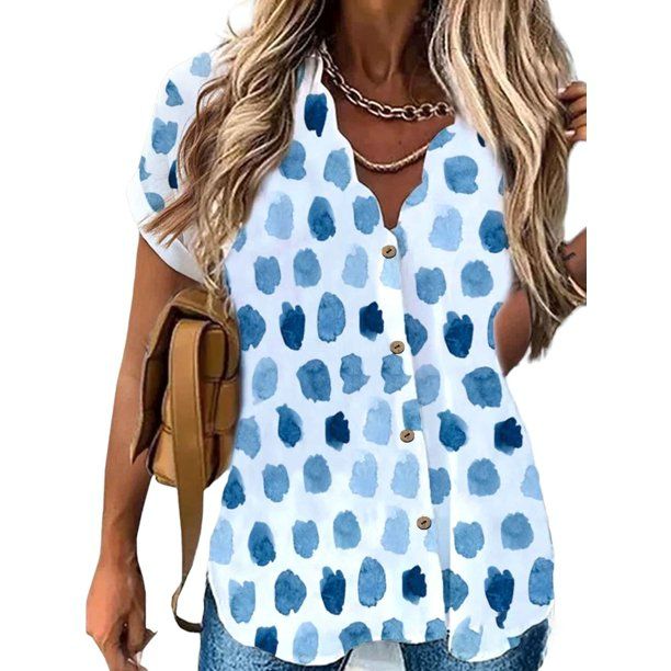 Photo 1 of  Women Plus Size Wavy Collar Shirt Short Sleeve Printed Button Blouse Top (3XL) NEW 