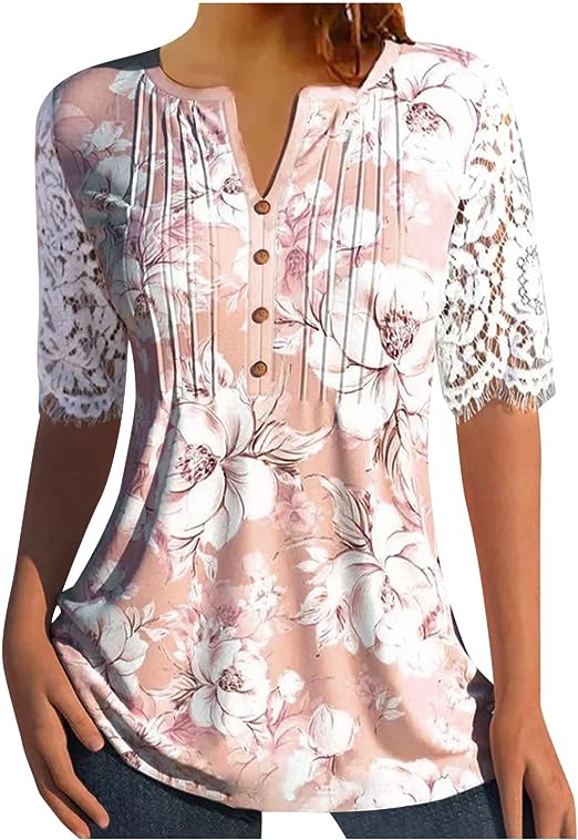 Photo 1 of Womens Summer Tops 2023 Trendy Lace Short Sleeve V Neck T Shirt Cute Tops Floral Print Tunic Tops for Women Loose Fit (L) NEW 