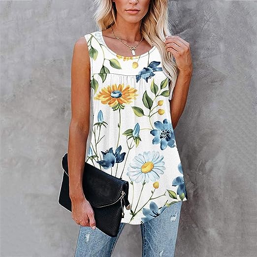 Photo 1 of Summer Tank Tops To Hide Belly for Women Bohemian Sleeveless Shirts Pleated Round Neck Tunic Vest Swing Holiday Outfits (M) NEW 
