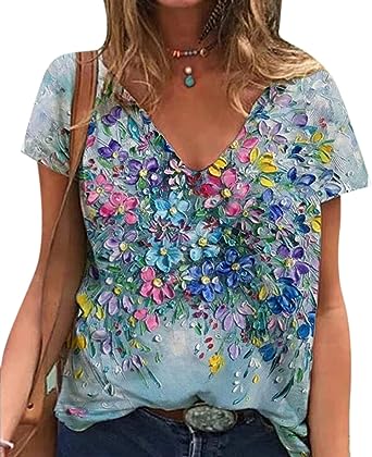 Photo 1 of Women Gradient Tops Summer Flower Printed Short Sleeve Elegant T-Shirts Casual Loose V-Neck Wild Tunic Tee Tops(1X) NEW