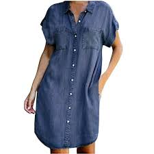 Photo 1 of Ladies Short Sleeve Pockets Cardigan Single Breasted Denim Dress (S) 