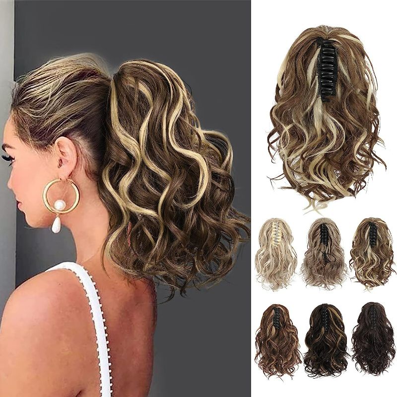Photo 1 of HOOJIH Ponytail Extension, Claw Clip in Ponytail Hair Extensions 10 Inch Short Curly Ponytail Natural Wavy Synthetic Hairpiece for Women Daily Use - Light Brown with Medium Golden Blonde
