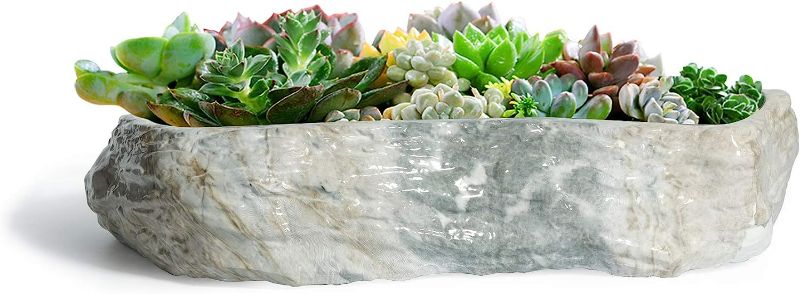 Photo 1 of T4U Succulent Pot Ceramic 10 Inch Rectangle Marbling Irregular, Faux Rock Style Flower Pot Planter Herbs Cactus Porcelain Container Indoor Use for Home and Office Decoration Gift
