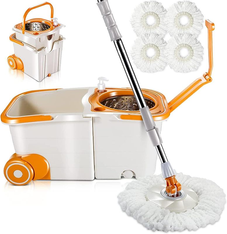 Photo 1 of Masthome Spin Mop and Bucket with Wringer Set, Self Cleaning Mops and Bucket System with 2 Reusable Mop Heads, Microfiber Mop and Bucket Floor Cleaning System for Hardwood Ceramic Tile Marble -Orange
