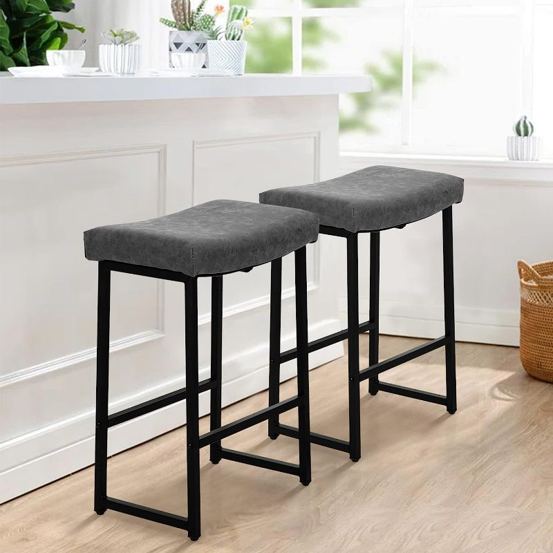 Photo 1 of ALPHA HOME Bar Stools Backless Saddle Seat Barstools Modern PU Leather Cushion Counter Height Chairs Set of 2 for Kitchen Island, Dining Pub and Bistro, 24 Inches, Grey, 2PCS NEW