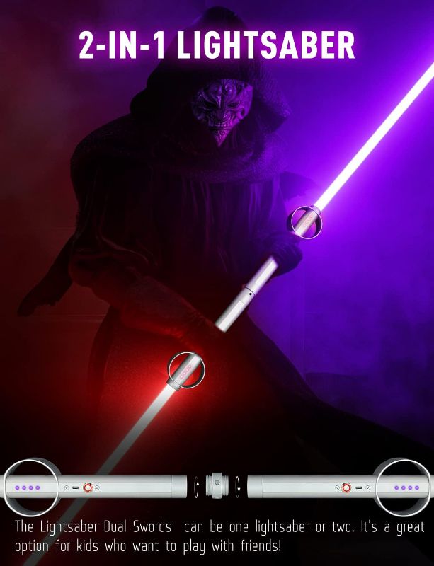 Photo 2 of jvmusaber Dueling Lightsabers, 2-in-1 Lightsaber RGB 15 Colors Rechargeable Realistic Light Saber Metal Hilt Force-Fx Light Up Saber Double Bladed Light Sabers with 5 Sound Effects or Mute
