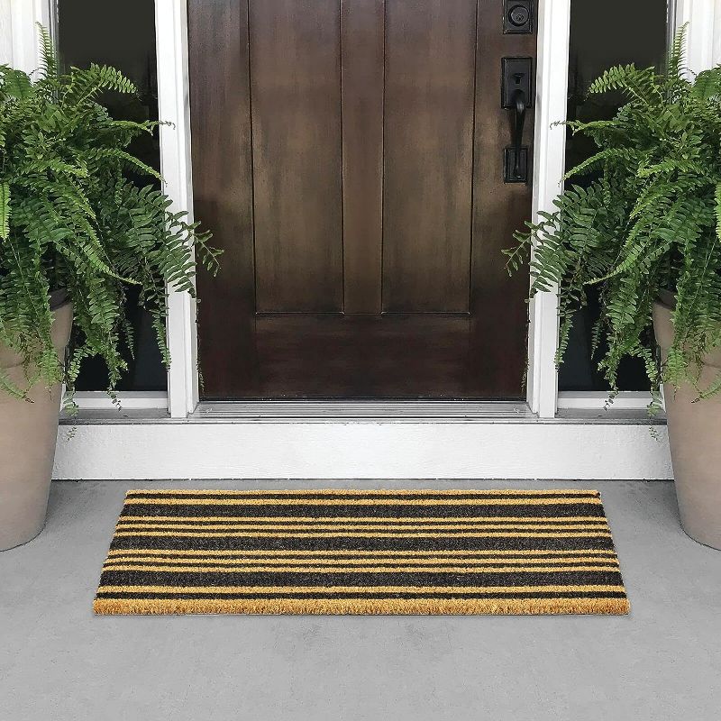Photo 1 of mDesign Rectangular Coir and Rubber Entryway Doormat with Natural Fibers for Indoor or Outdoor Use - Neutral - Stripe Design - Minimalistic - Natural/Black
