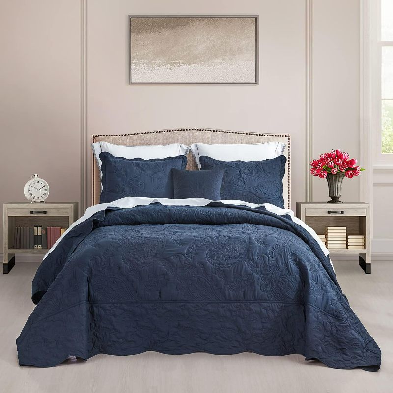 Photo 1 of HZ&HY Oversized King Bedspread Navy Blue 128x120 Extra Wide, Coverlet Bedding Set, Lightweight Thin Comforter, Reversible, Luxurious, 4 Piece, 100% Microfiber, King/Cal King, Navy Blue
