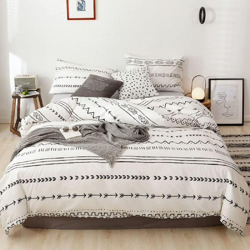Photo 1 of White Boho Duvet Cover Set Black Stripe Geometric Bedding Set Reversible King Size Quilt Comforter