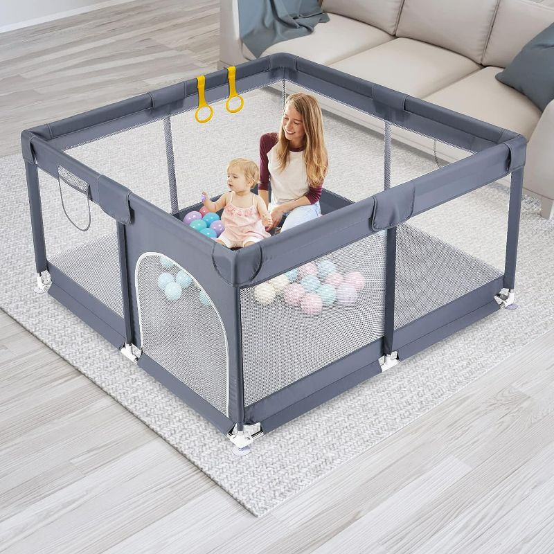 Photo 1 of Baby Playpen,Play Pens for Babies and Toddlers,Play Yard Activity Center with Gate for Kids,Portable Baby Fence Safety Play Area for Infant Indoor&Outdoor,Sturdy Baby Gate Playpen Grey