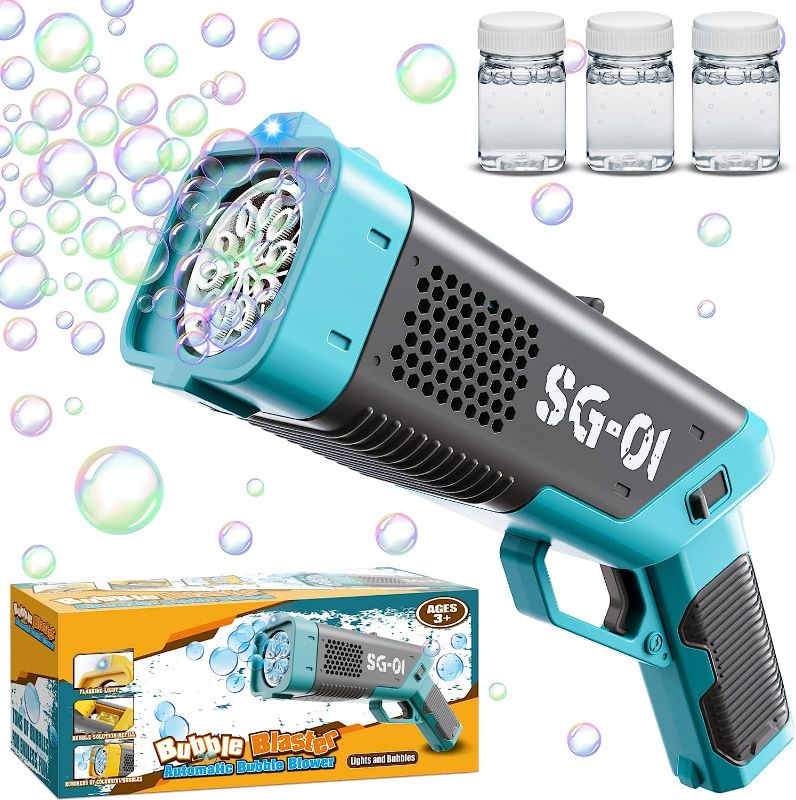 Photo 1 of Marstone Bubble Machine Gun, Leak-Proof Bubble Machine for Kids with 3 Bottles Refill Solutions, Automatic Rich Bubble Maker with Light & Sound Toy Gift for Boys and Girls Indoor Outdoors Activity
