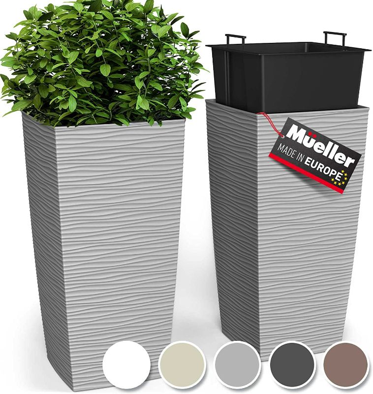 Photo 1 of Janska by Mueller M-Resin Heavy Duty Tall Planter, Indoor/Outdoor Grande Plant, Tree, Flower Pot, 2-Piece Set, 27.5”, Modern Design, Built-in Drainage, Light Grey
