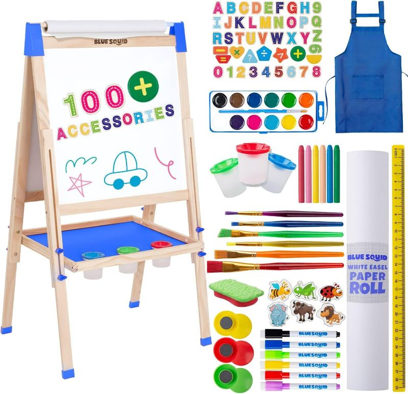 Photo 1 of Blue Squid Art Easel for Kids -  Accessories Double Sided Wooden Kids Easel Drawing Board  Chalkboard, Dry Erase White Board & Paper Roll Paint Art Set for Kids Toddlers 3+
