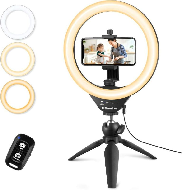 Photo 1 of UBeesize 10" Selfie Ring Light with Tripod Stand & Cell Phone Holder, Dimmable Desktop LED Circle Light for Live Streaming/Makeup/YouTube/TIK Tok, Compatible with iOS and Android Phones
