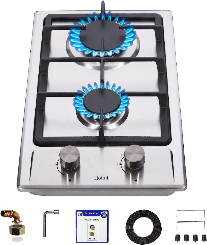 Photo 1 of Hothit 2 Burner Propane Gas Cooktop, 12" Inch LPG/NG Dual Fuel Built-in Gas Stove Top, Stainless Steel Electronic Ignition Gas Hob for Apartment, Outdoor, RVs
