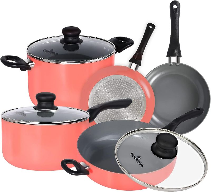 Photo 1 of Flamingpan 8-Piece Nonstick Pots and Pans Sets,Kitchen Cookware with Ceramic Coating,Dishwasher Safe,Frying Pan Set with Lid, Induction pans set,Pot and Pan Set with Clearance,Suitable for Any Cooktop

