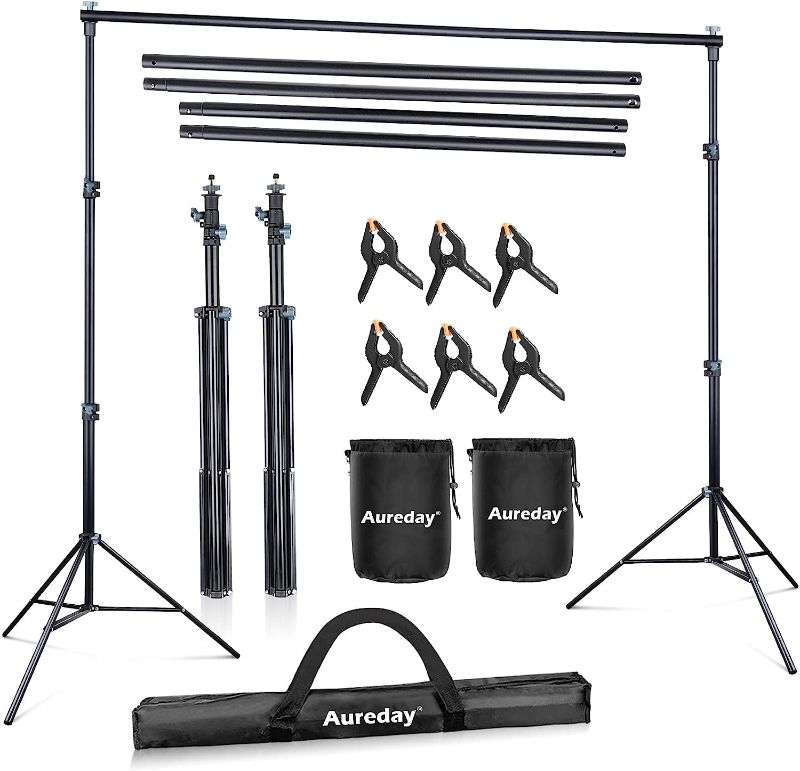 Photo 1 of Aureday Backdrop Stand, 10x8.5ft Adjustable Photo Backdrop Stand for Parties, Heavy Duty Background Stand with Travel Bag, 5 Backdrop Clamps, 3 Crossbars, 2 Sandbags for Wedding/Decorations/Photoshoot
