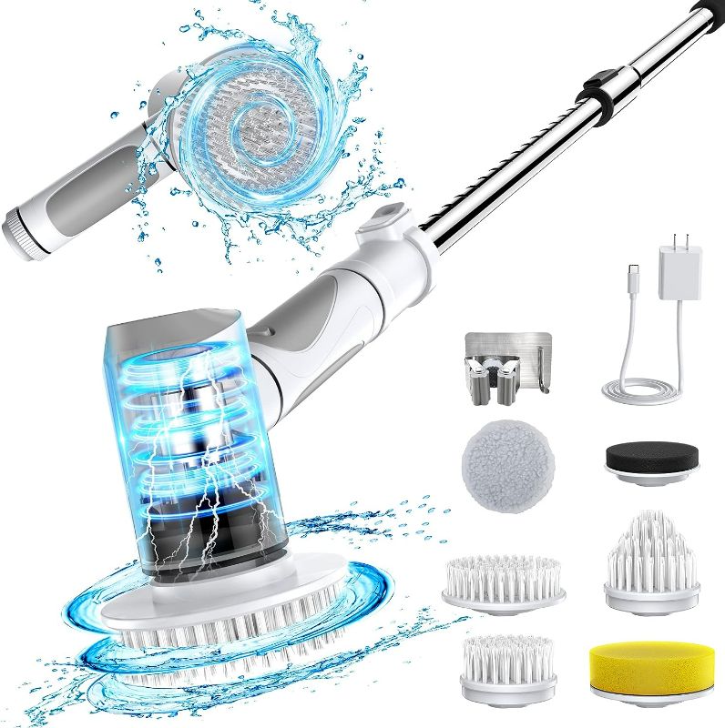 Photo 1 of Electric Spin Scrubber, Bathroom Scrubber Rechargeable Shower Scrubber with Adjustable Extension Handle, 6 Replaceable Brush Heads for Home Cleaning, Tub, Power Cleaning Brush for Bathroom Floor Tile
