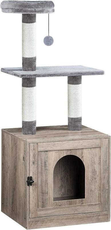 Photo 1 of HOOBRO Litter Box Enclosure with Cat Tree Tower, Hidden Cat Washroom with Scratching Post and Soft Plush Perch, Wooden Cat Furniture, Indoor Pet Cabinet with Multiple Platforms, Greige 
