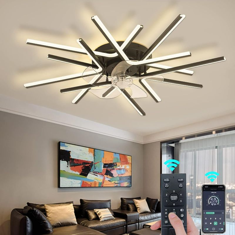 Photo 1 of 38'' Ceiling Fan with Lights Remote APP Control, Modern Flush Mount Bladeles Ceiling Fan with Dimmable LED Light, 3 Color 6 Speeds Wind Timing Low Profile Ceiling Fan for Indoor Bedroom (Black)
