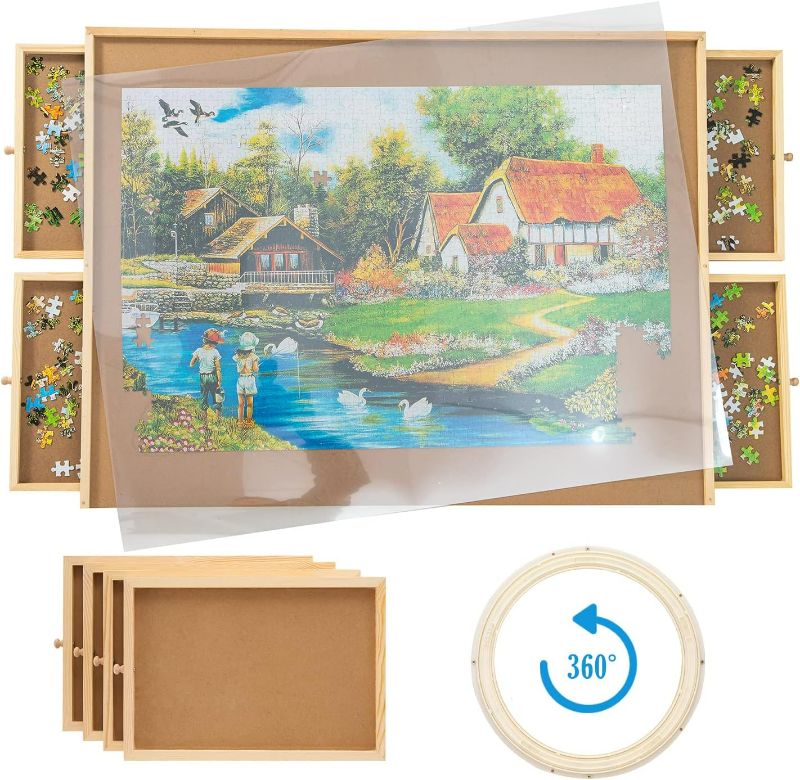 Photo 1 of SNAIL Rotating Jigsaw Puzzle Board Portable Lazy Susan Spinning Puzzle Plateau Table with Storage Drawers and Cover for Adults Wooden Jumbo Size Jigsaw Puzzle Table for 1500 Pieces Puzzles
