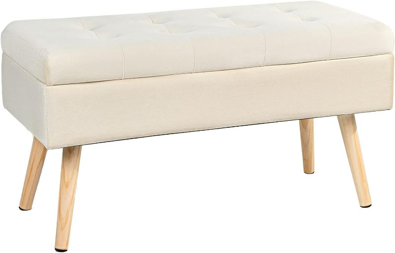 Photo 1 of Nalupatio Storage Ottoman, Bedroom End Bench?Upholstered Fabric Storage Ottoman with Safety Hinge, Entryway Padded Footstool, Ottoman Bench for Living Room & Bedroom(White)
