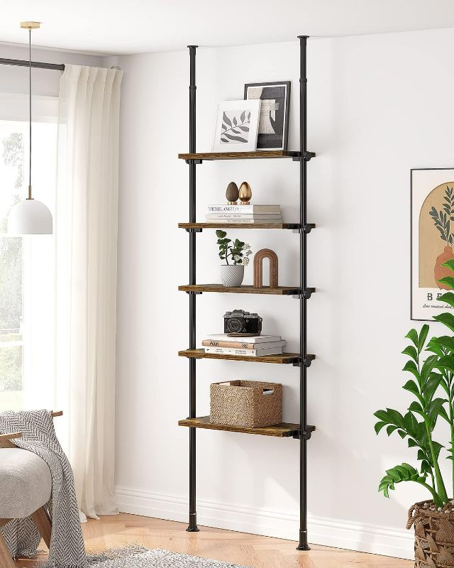 Photo 1 of ALLZONE 5 Tiers Narrow Bookshelf, Tall Adjustable Ladder Book Shelf with Open Storage, Floor to Ceiling Bookshelves Tension Mount, Wooden Industrial Bookcase for Living Room, 92 to 116 Inch BLACK 