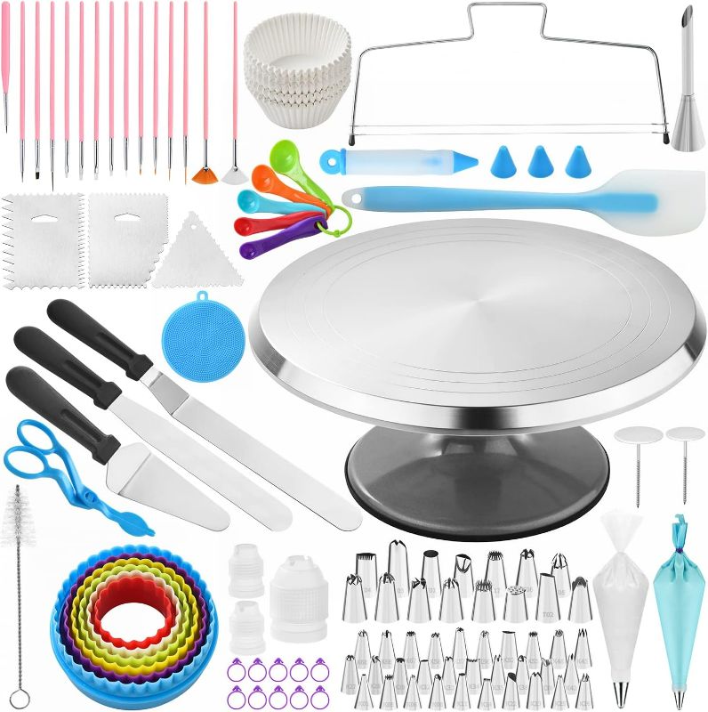 Photo 1 of  Cake Decorating Kit, Cake Decoration Supplies, Baking Accessories Tools Set, Cake Turntable Stand Frosting Piping Bags Icing Tips Nozzles Spatulas Smoothers Cookie Cutters Cupcake Muffin Cups 
