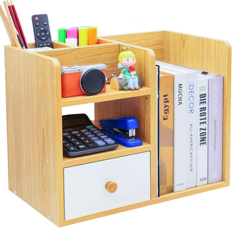 Photo 1 of Desktop Organizer with Drawer Wood Desktop File Storage with Pen Holder Office Desk Organizers and Accessories for Home Office Supplies Bookshelf Storage Display Rack by TEAMIX (Maple)
