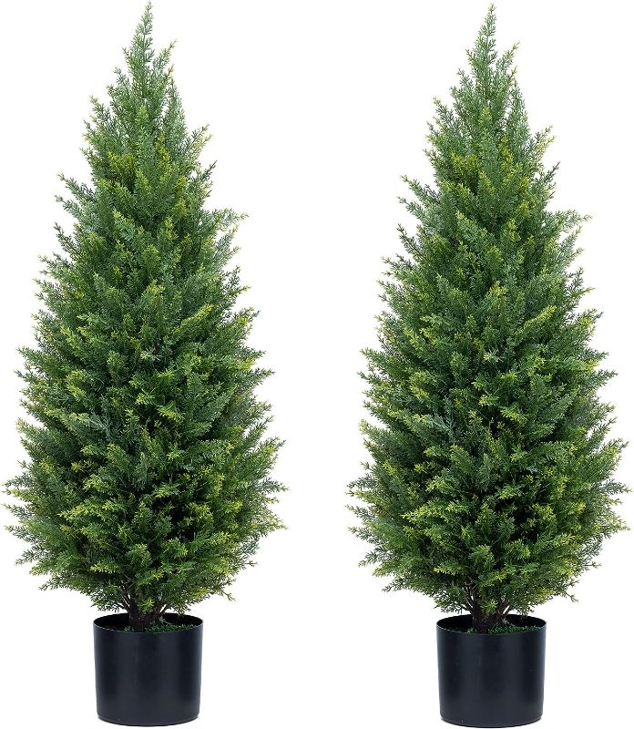 Photo 1 of ECOLVANT Two 3ft (35'') Artificial Cedar Topiary Trees Indoor Outdoor UV Rated Potted Plants Artificial Potted Shrubs for Home Garden
